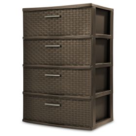 4 Drawer Wide Weave Tower, Plastic Décor Drawers with Pull Handles, Brown