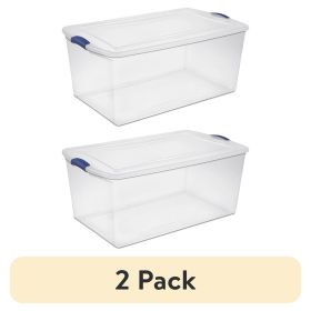 (2 pack) 105 Quart Latch Box, Clear Plastic Storage Bin with Clear Lid, Blue Latch